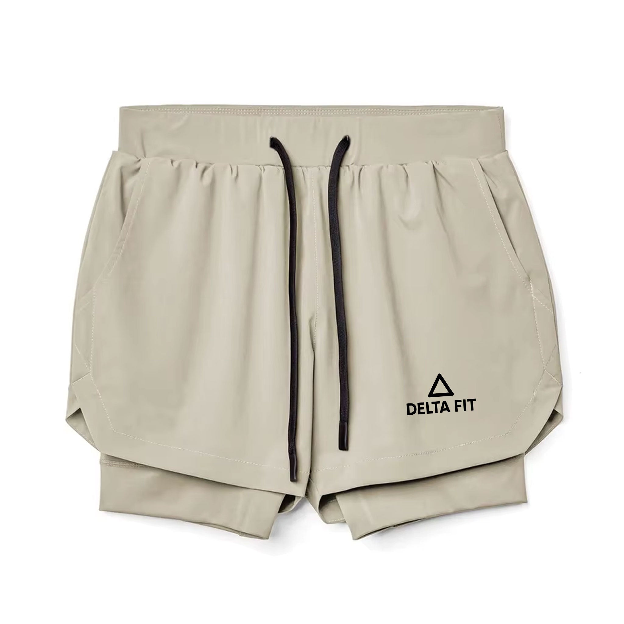 Delta Fit 2 in 1 Hardloopbroek– Met Ondershort met vak voor Mobiel – Dry Mesh - Zwart / Beige (Unisex)