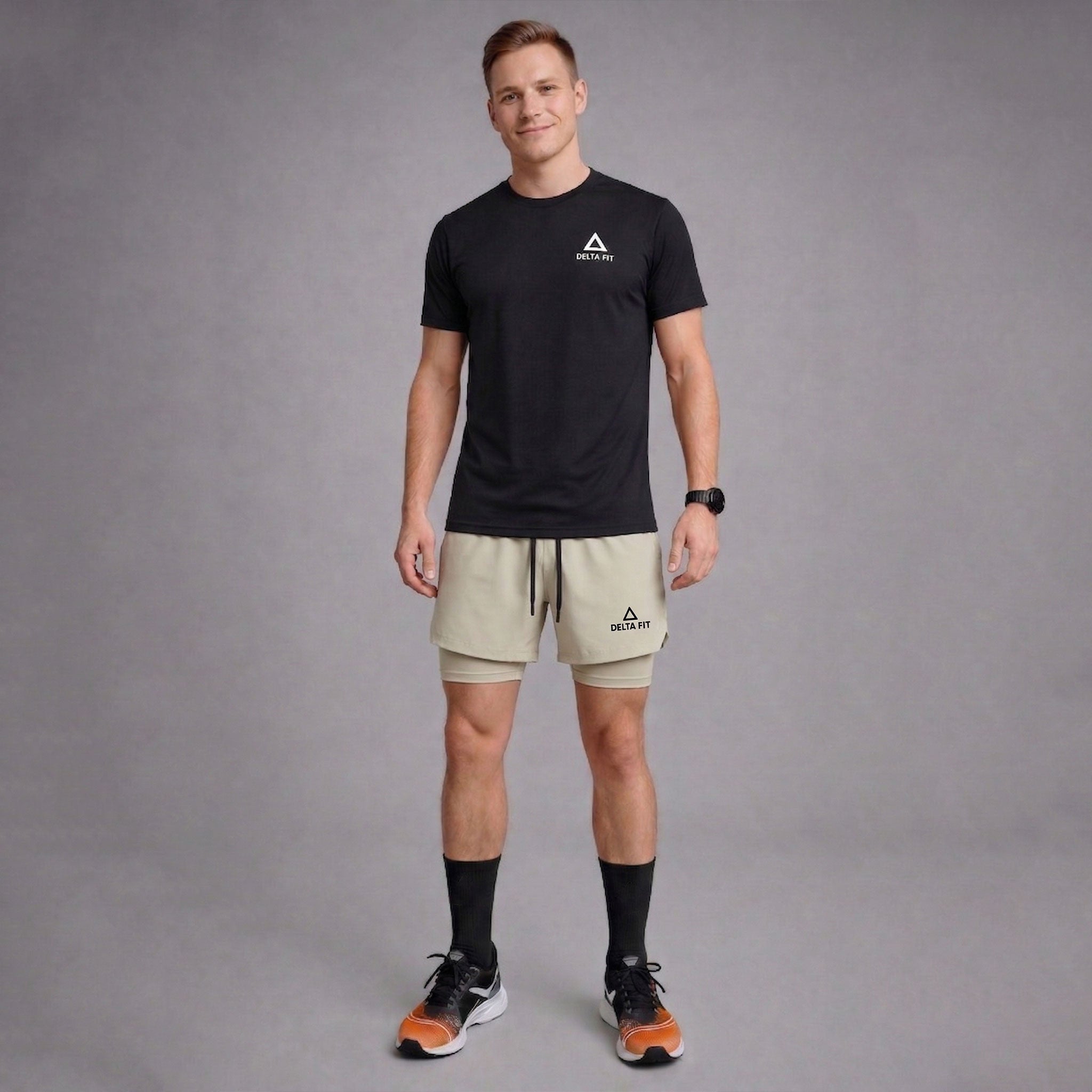 Delta Fit 2 in 1 Hardloopbroek– Met Ondershort met vak voor Mobiel – Dry Mesh - Zwart / Beige (Unisex)