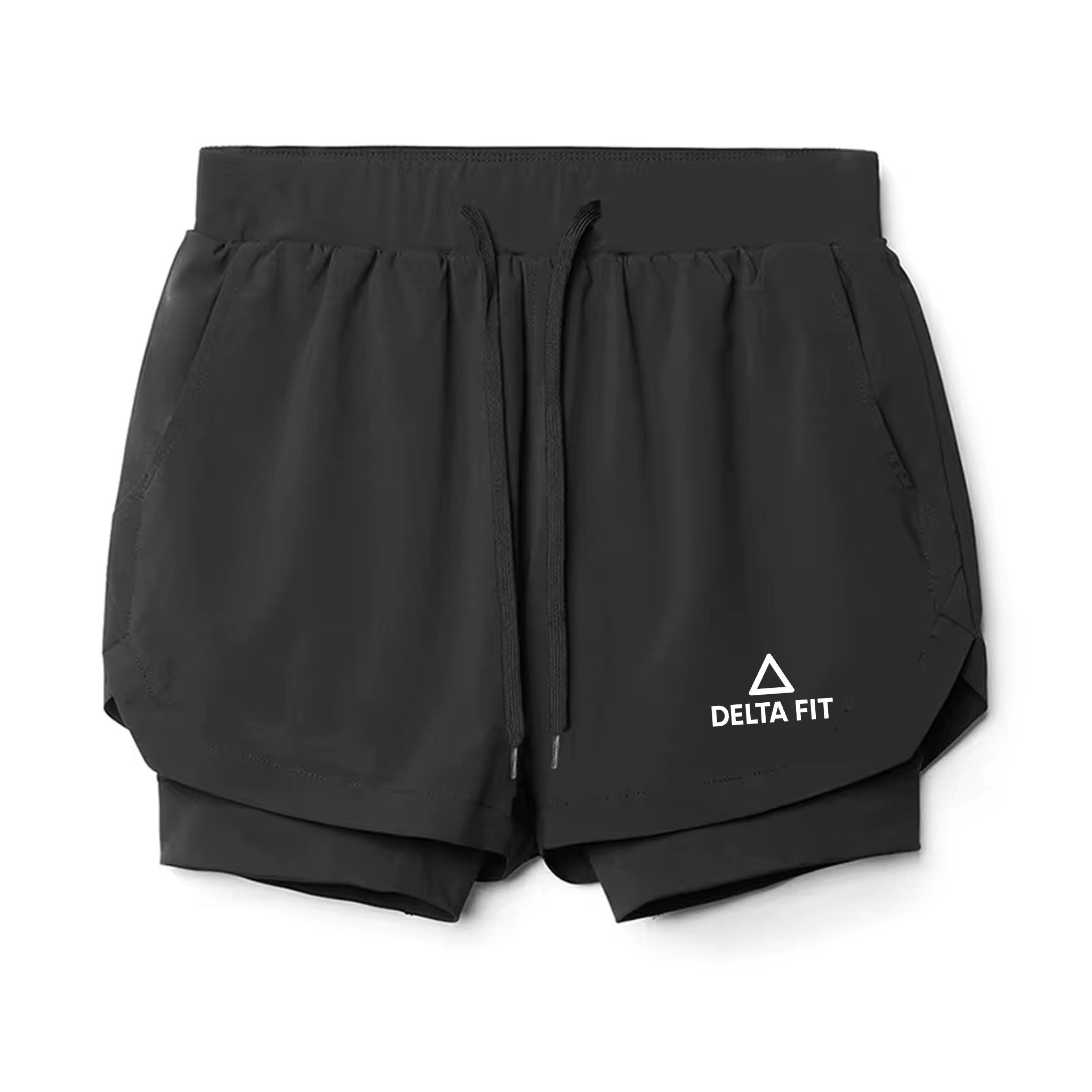 Delta Fit 2 in 1 Hardloopbroek– Met Ondershort met vak voor Mobiel – Dry Mesh - Zwart / Beige (Unisex)