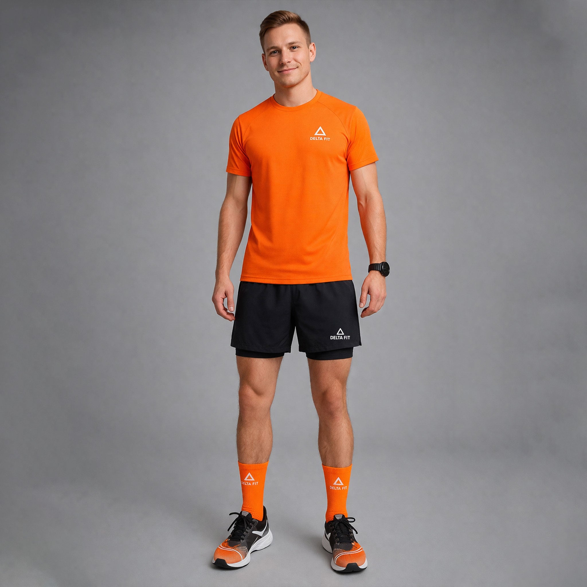 Delta Fit 2 in 1 Hardloopbroek– Met Ondershort met vak voor Mobiel – Dry Mesh - Zwart / Beige (Unisex)