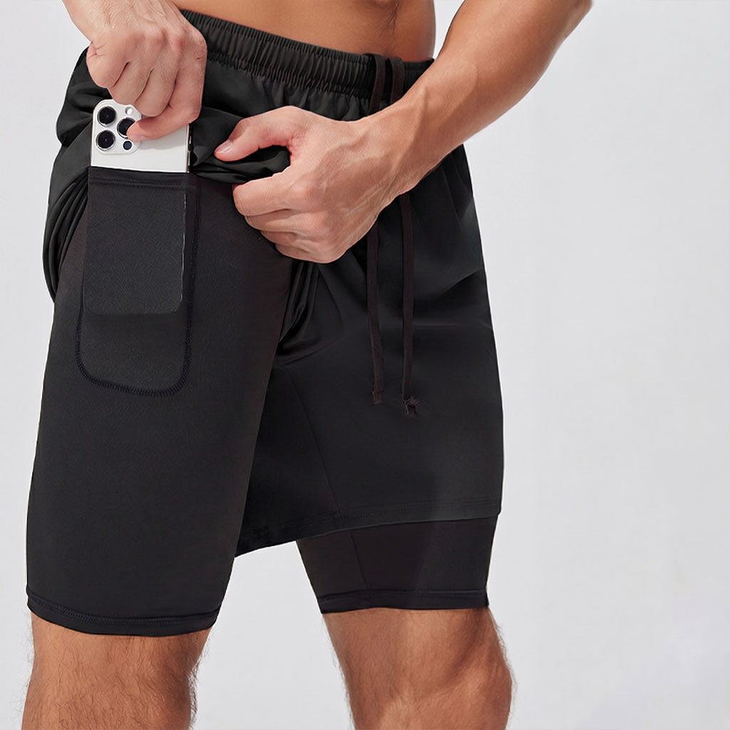 Delta Fit 2 in 1 Hardloopbroek– Met Lange Ondershort met vak voor Mobiel – Dry Mesh - Zwart