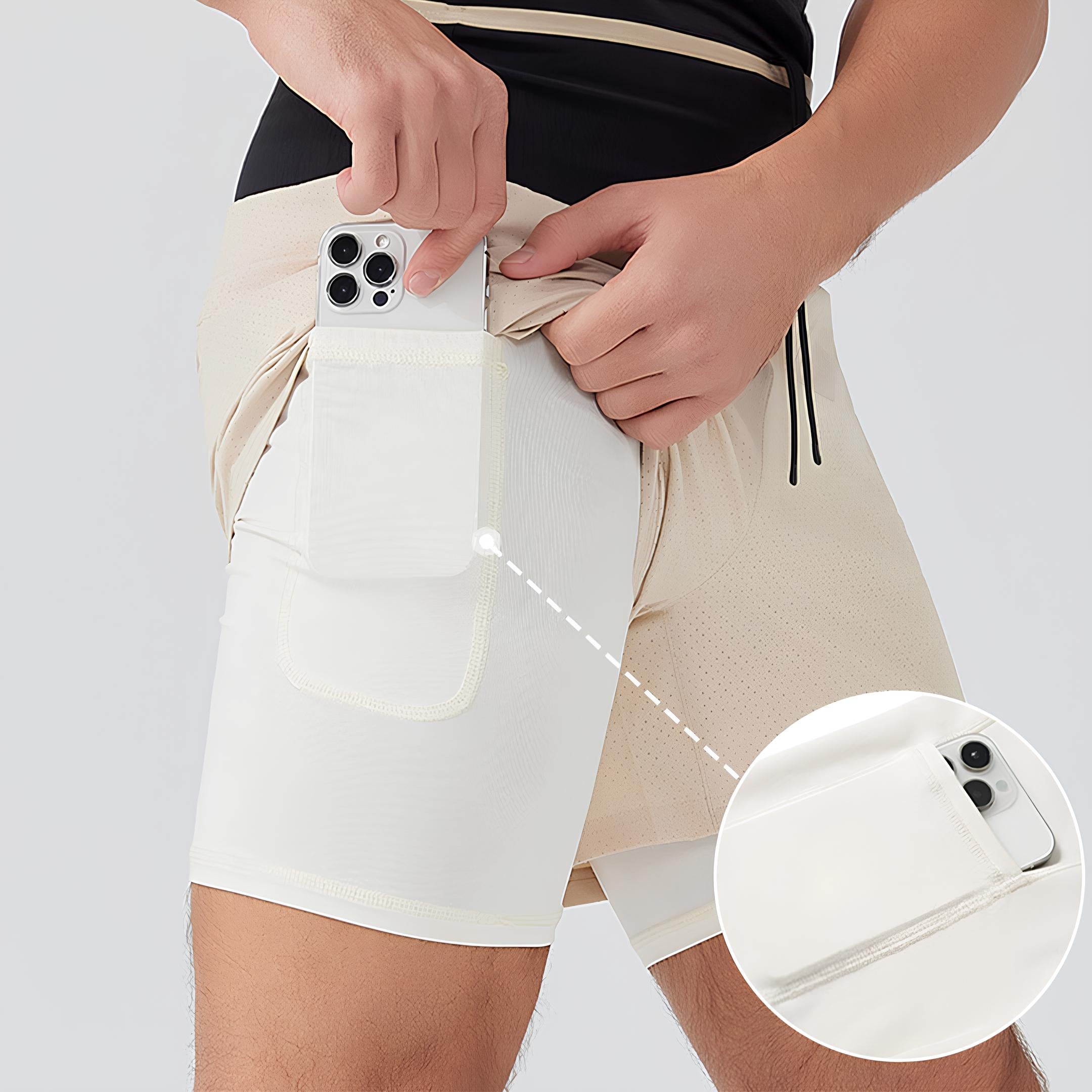 Delta Fit 2-in-1 Hardloopshort met Geïntegreerde Running Belt – Beige / Zwart
