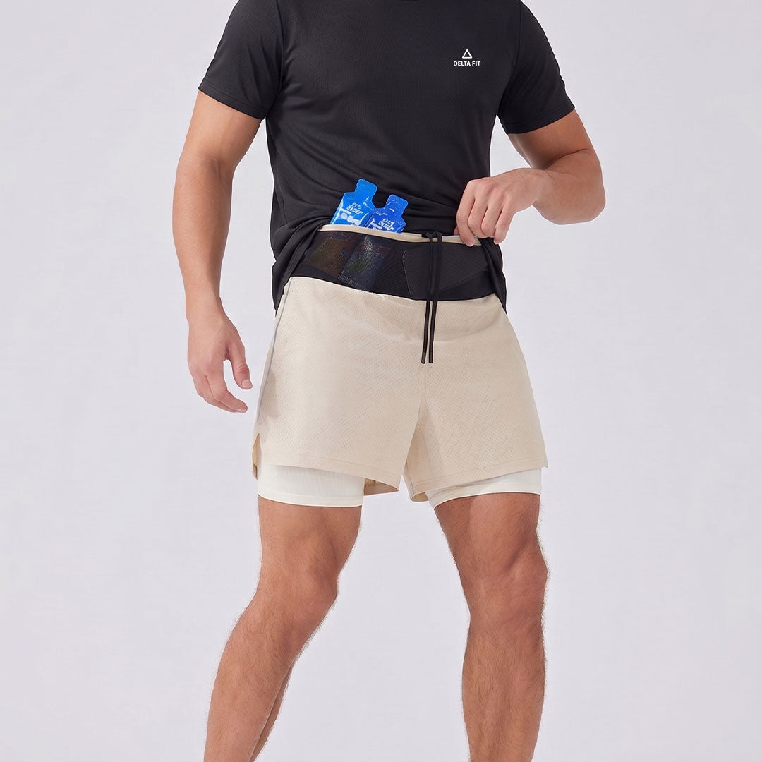 Delta Fit 2-in-1 Hardloopshort met Geïntegreerde Running Belt – Beige / Zwart