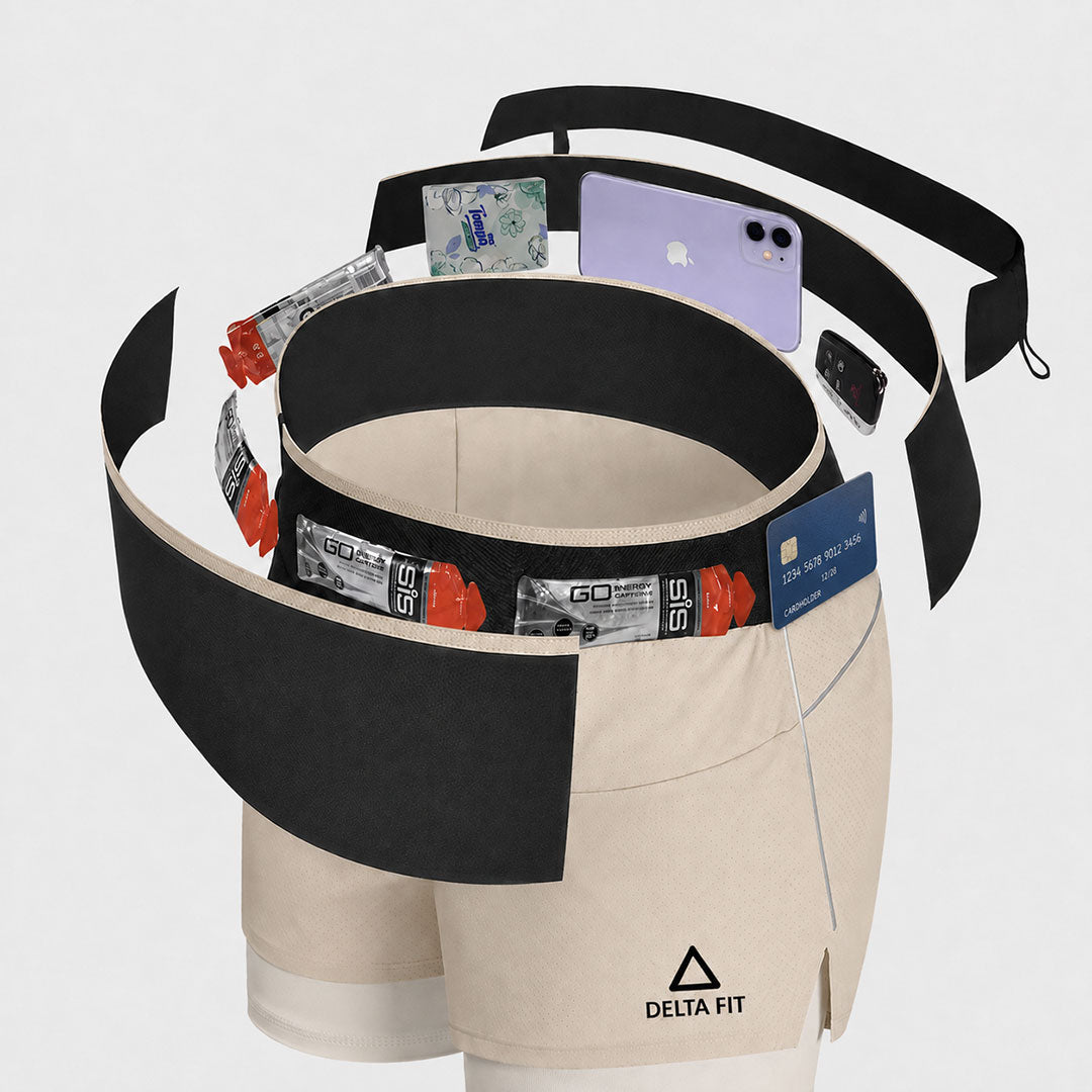 Delta Fit 2-in-1 Hardloopshort met Geïntegreerde Running Belt – Beige / Zwart