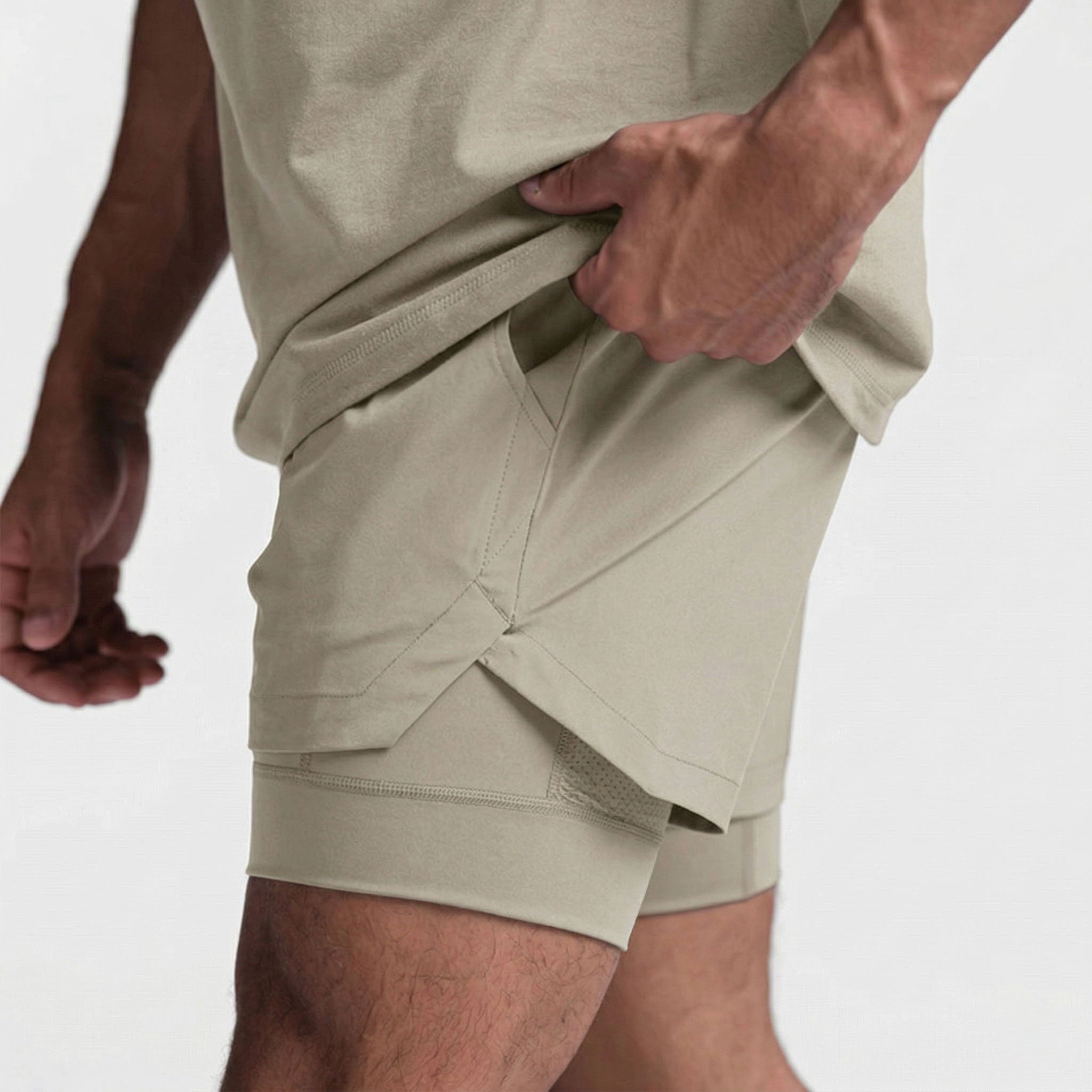Delta Fit 2 in 1 Hardloopbroek– Met Ondershort met vak voor Mobiel – Dry Mesh - Zwart / Beige (Unisex)