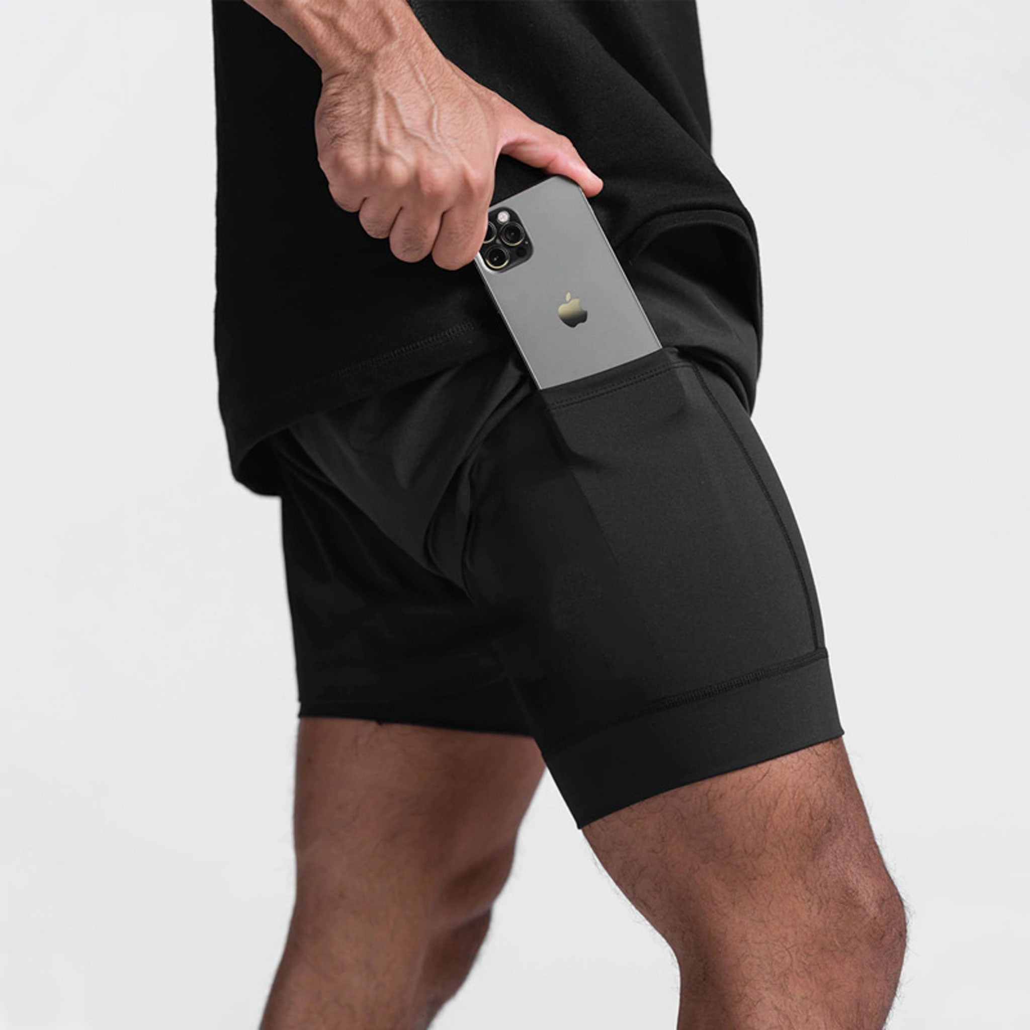 Delta Fit 2 in 1 Hardloopbroek Zwart– Met Zwarte Ondershort met vak voor Mobiel – Dry Mesh - Heren