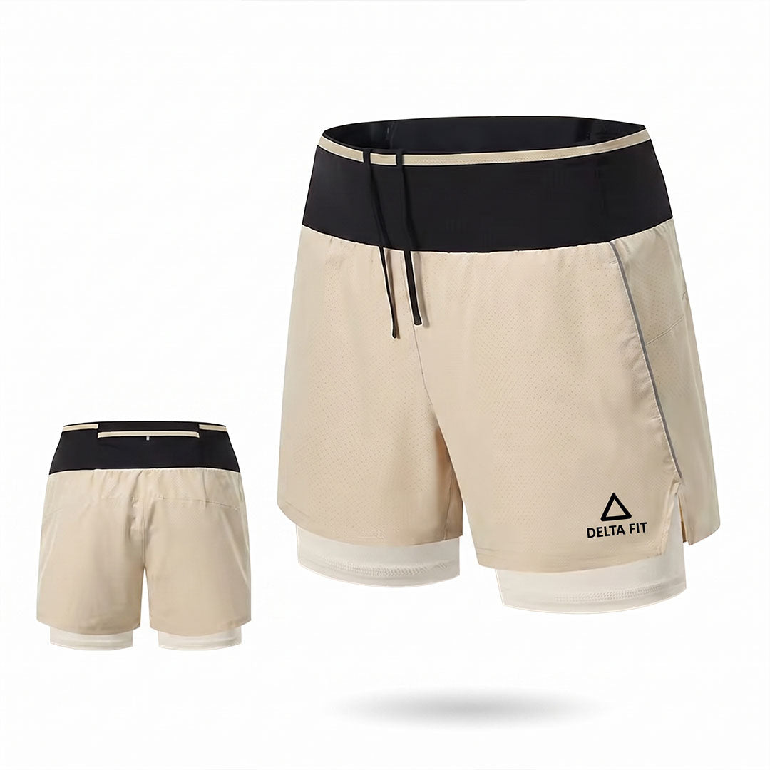 Delta Fit 2-in-1 Hardloopshort met Geïntegreerde Running Belt – Beige / Zwart