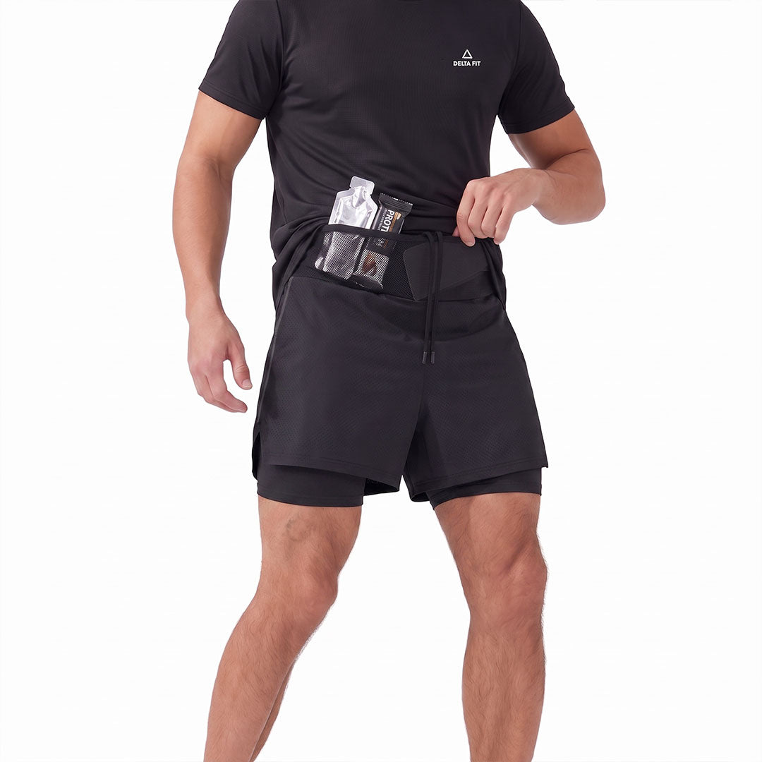 Delta Fit 2-in-1 Hardloopshort met Geïntegreerde Running Belt – Beige / Zwart