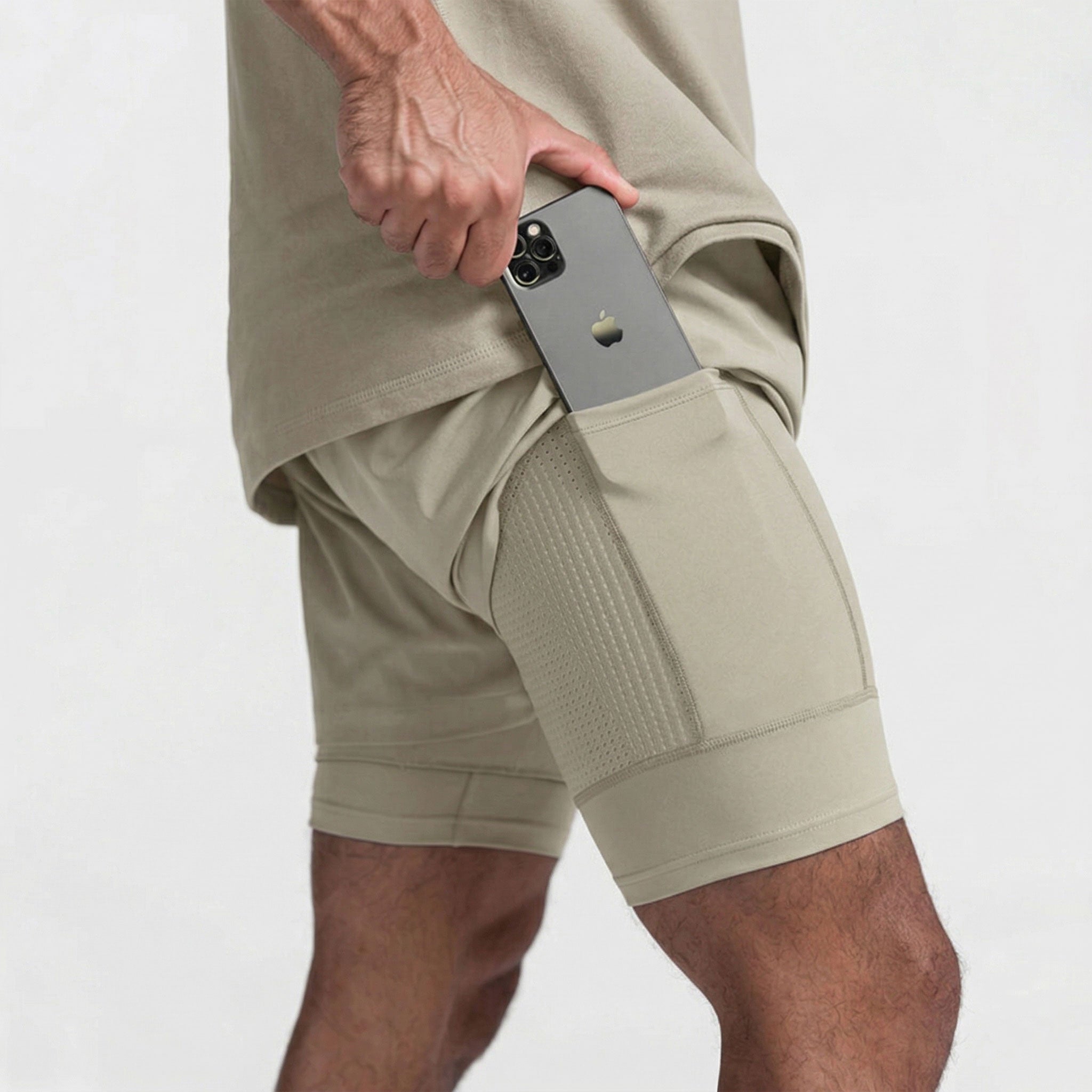 Delta Fit 2 in 1 Hardloopbroek– Met  Ondershort met vak voor Mobiel – Dry Mesh - Zwart / Beige (Unisex)