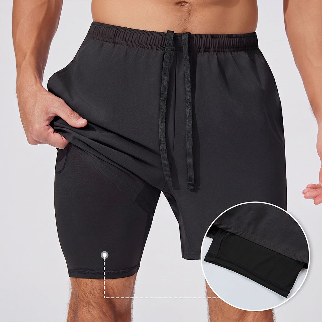 Delta Fit 2 in 1 Hardloopbroek– Met Lange Ondershort met vak voor Mobiel – Dry Mesh - Zwart