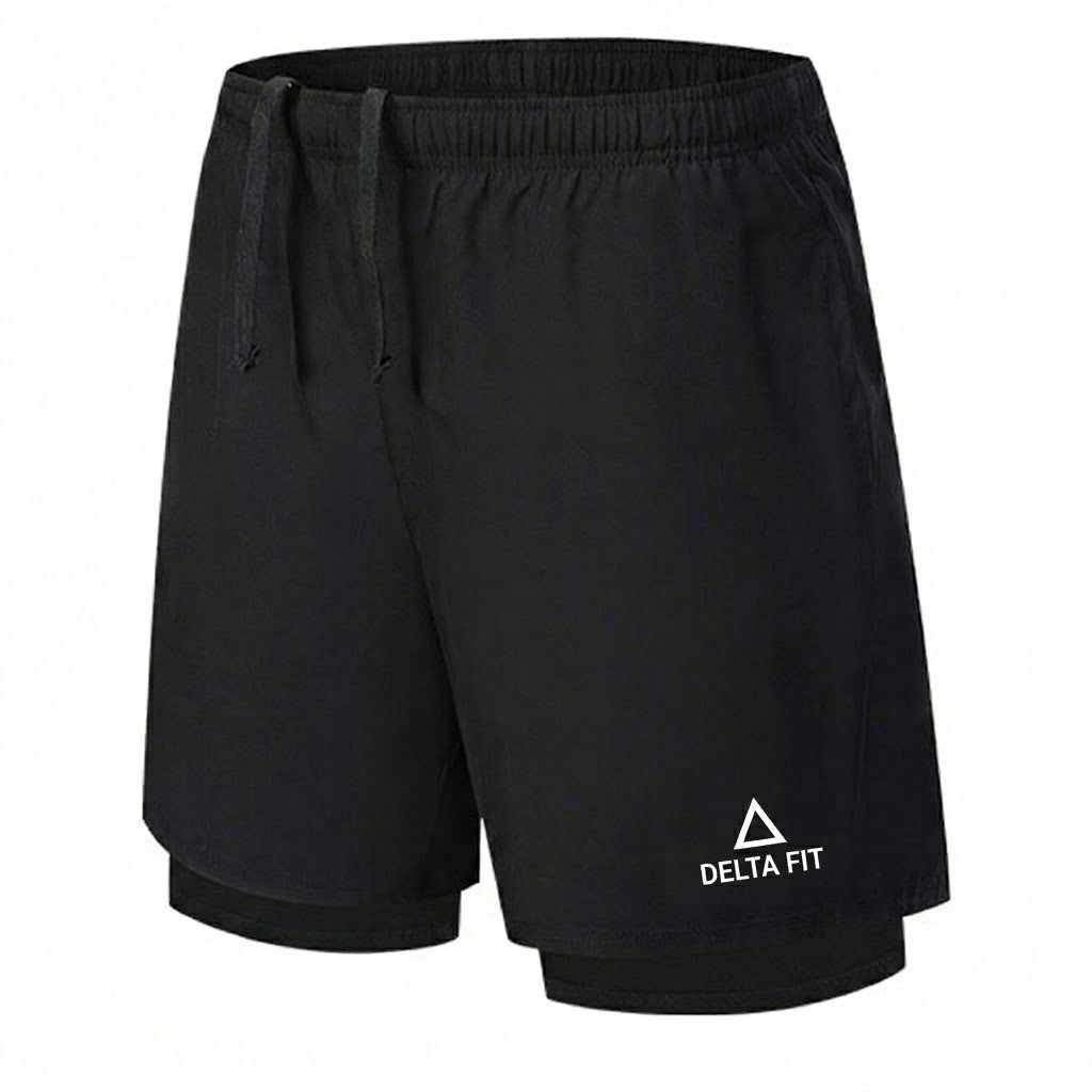 Delta Fit 2 in 1 Hardloopbroek– Met Lange Ondershort met vak voor Mobiel – Dry Mesh - Zwart