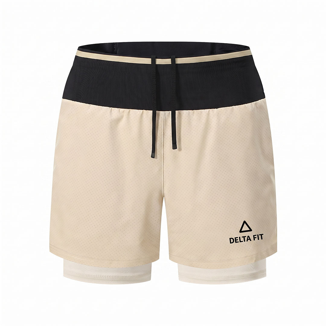 Delta Fit 2-in-1 Hardloopshort met Geïntegreerde Running Belt – Beige / Zwart