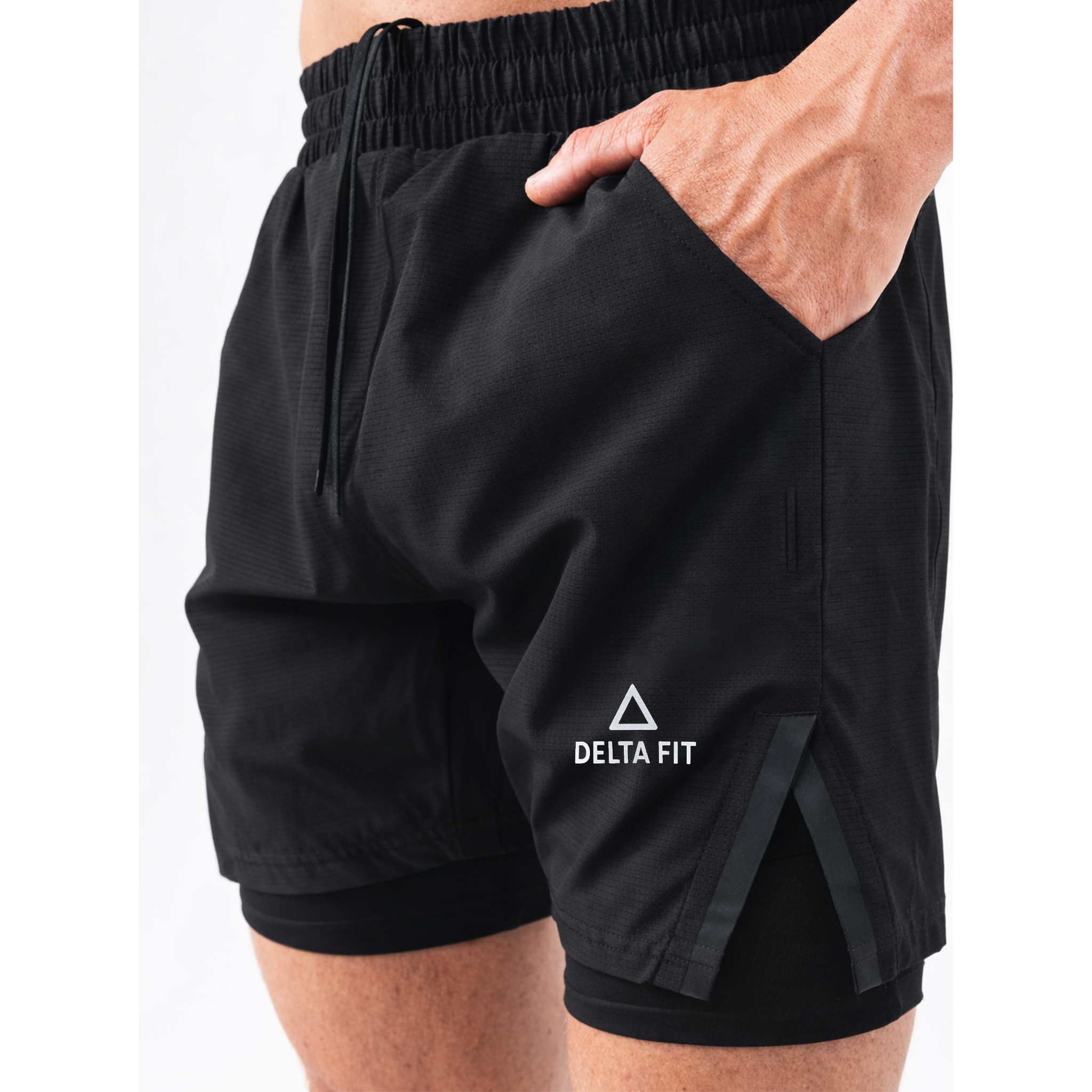 Delta Fit 2 in 1 Hardloopbroek Zwart– Met Zwarte Ondershort met vak voor Mobiel – Dry Mesh - Heren