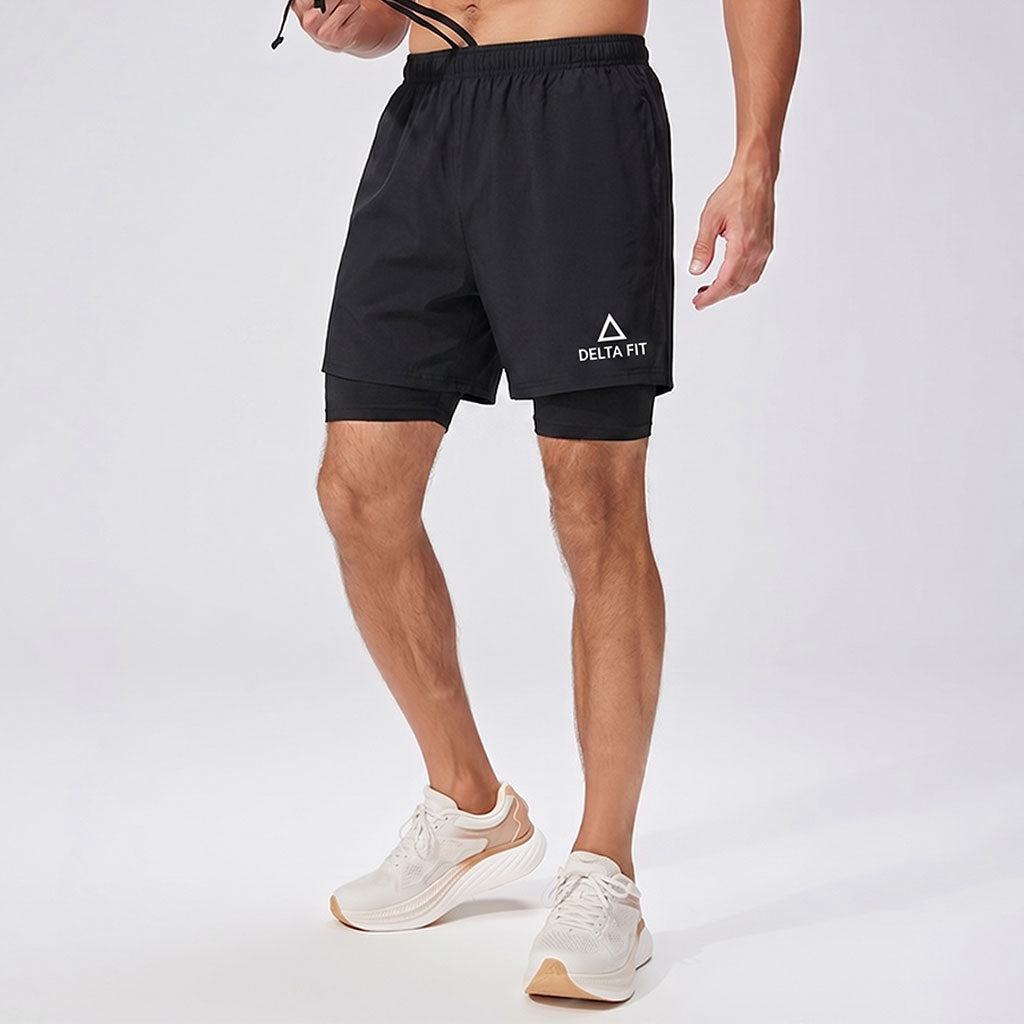 Delta Fit 2 in 1 Hardloopbroek– Met Lange Ondershort met vak voor Mobiel – Dry Mesh - Zwart
