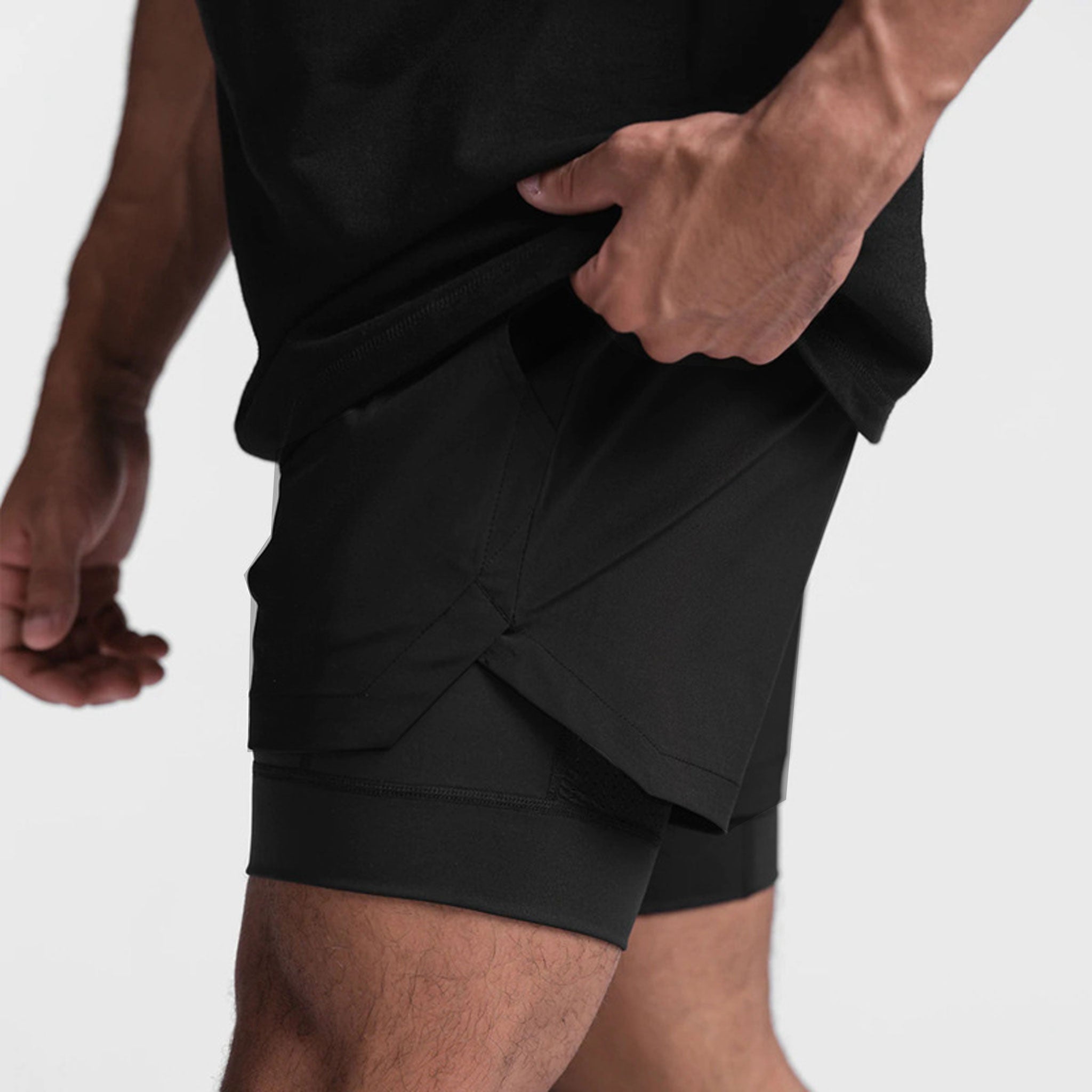 Delta Fit 2 in 1 Hardloopbroek– Met  Ondershort met vak voor Mobiel – Dry Mesh - Zwart / Beige (Unisex)