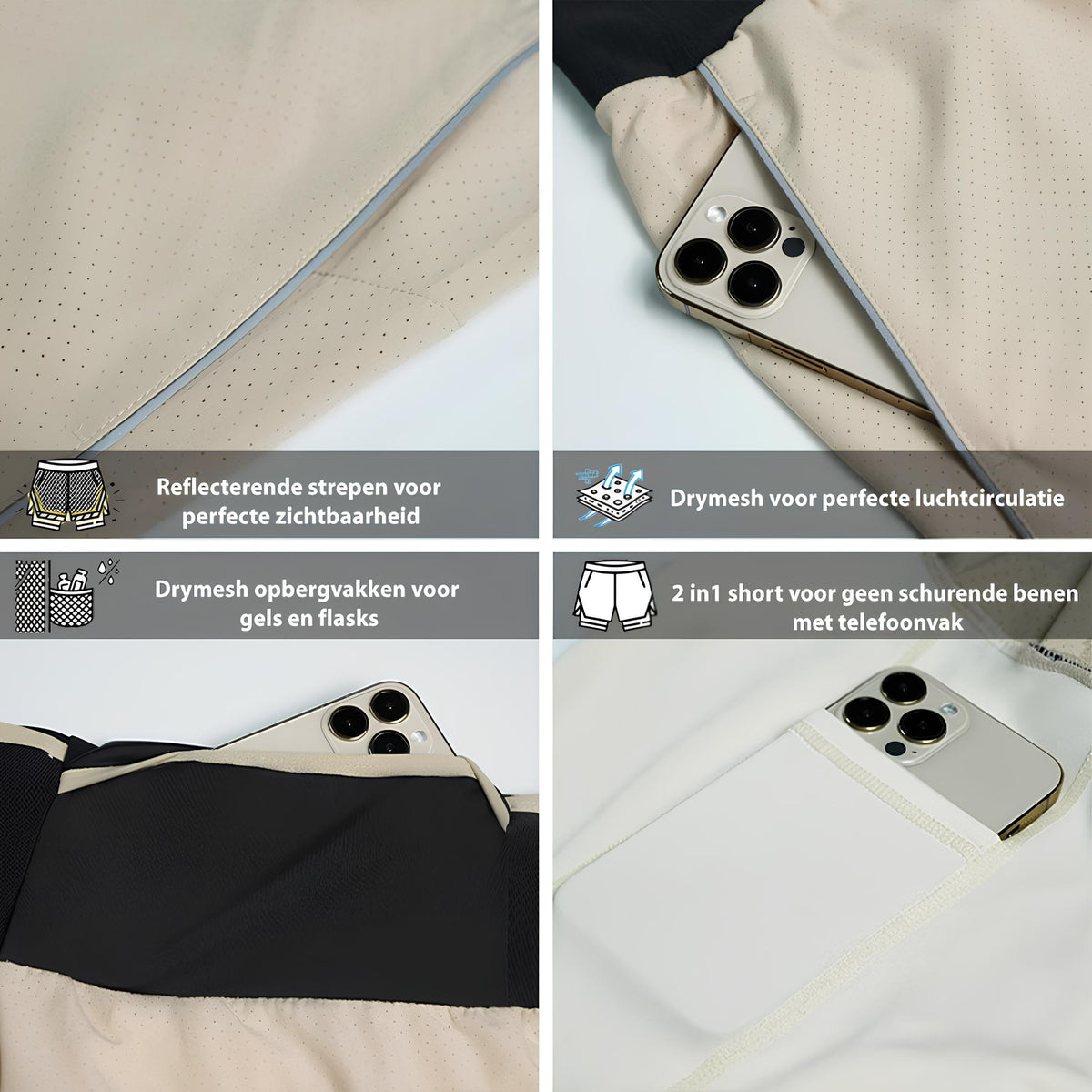 Delta Fit 2-in-1 Hardloopshort met Geïntegreerde Running Belt – Beige / Zwart