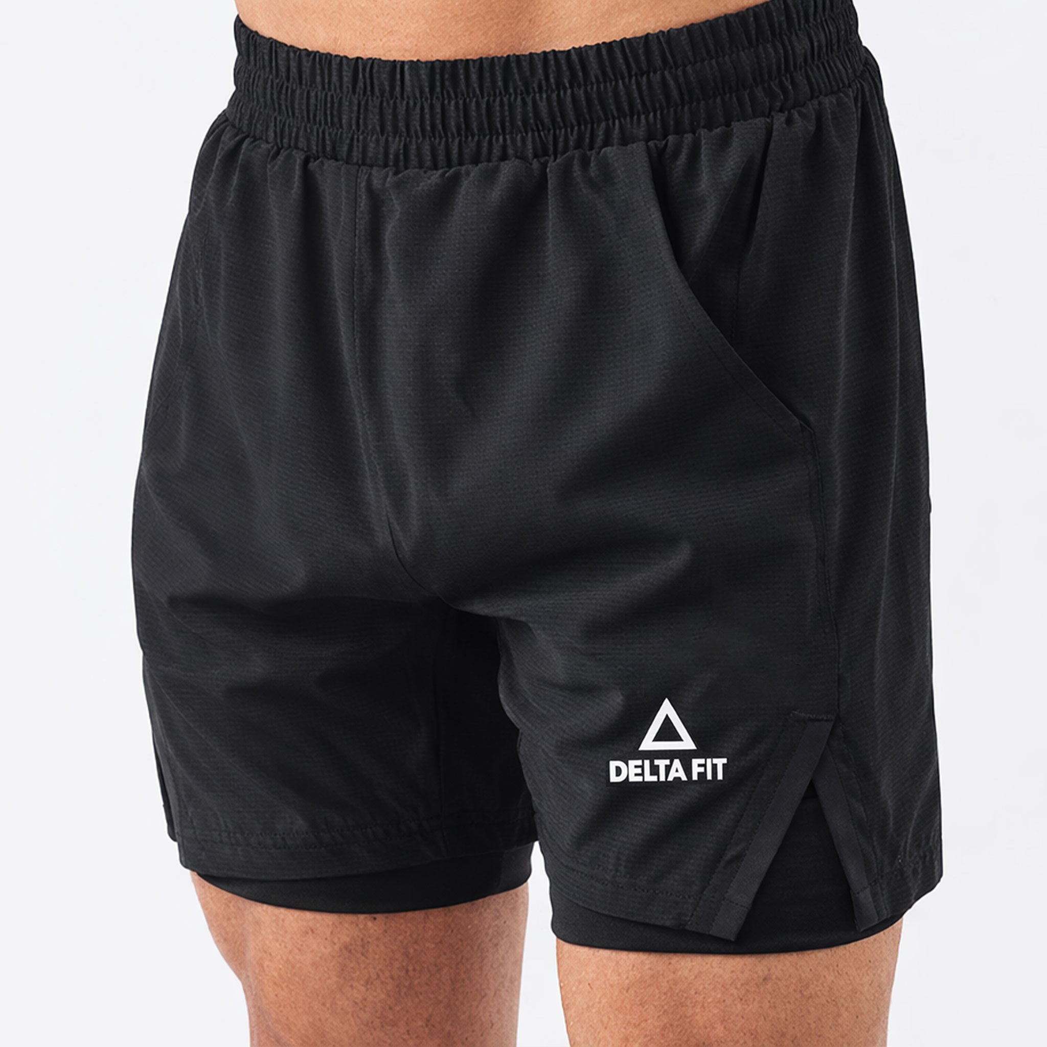 Delta Fit 2 in 1 Hardloopbroek Zwart– Met Zwarte Ondershort met vak voor Mobiel – Dry Mesh - Heren